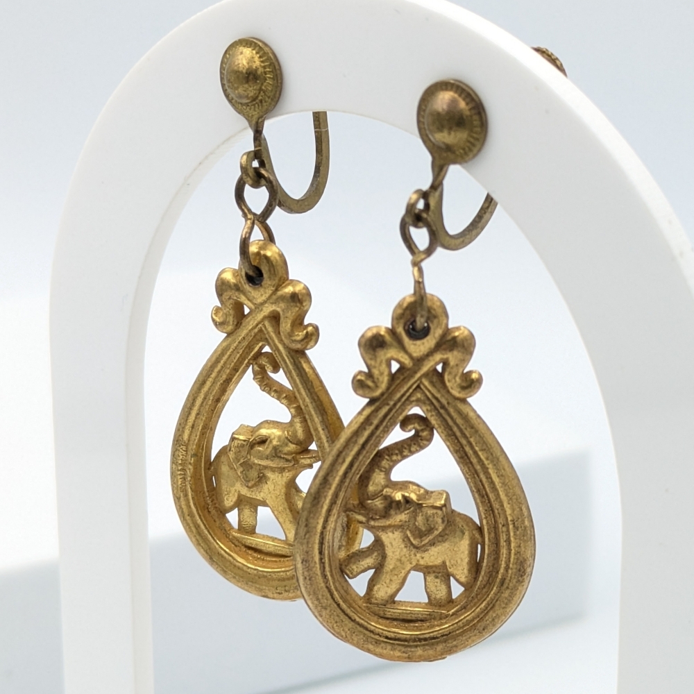 Antique or vintage dangle elephant tear drop screw back earrings open metalwork